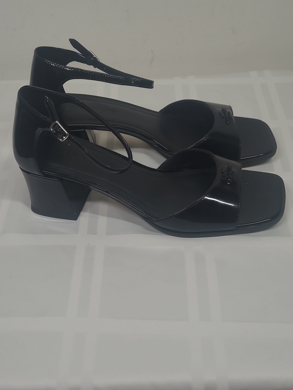 Coach Black Patent Leather Square Toe Block Heel Sandals with Ankle Strap - Picture 5 of 8